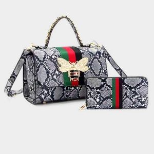 Snakeskin Leather Honey Bee Chain Link Color Block Tote Purse Bag Wallet Set